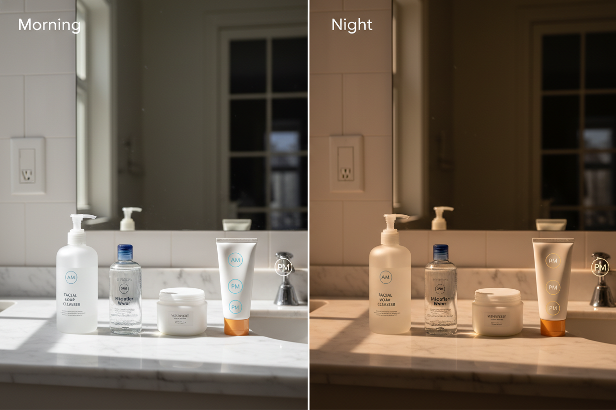 Rotina dia e noite: sabonete facial, água micelar e protetor solar para uma pele protegida