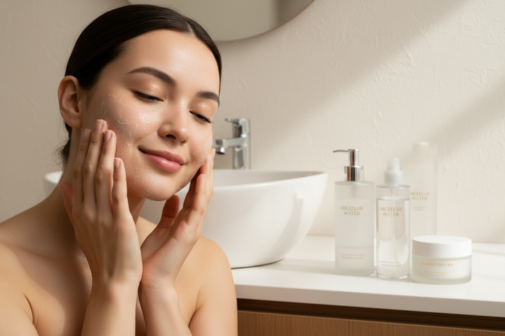 Rotina básica de cuidados com a pele: sabonete facial, água micelar e hidratante